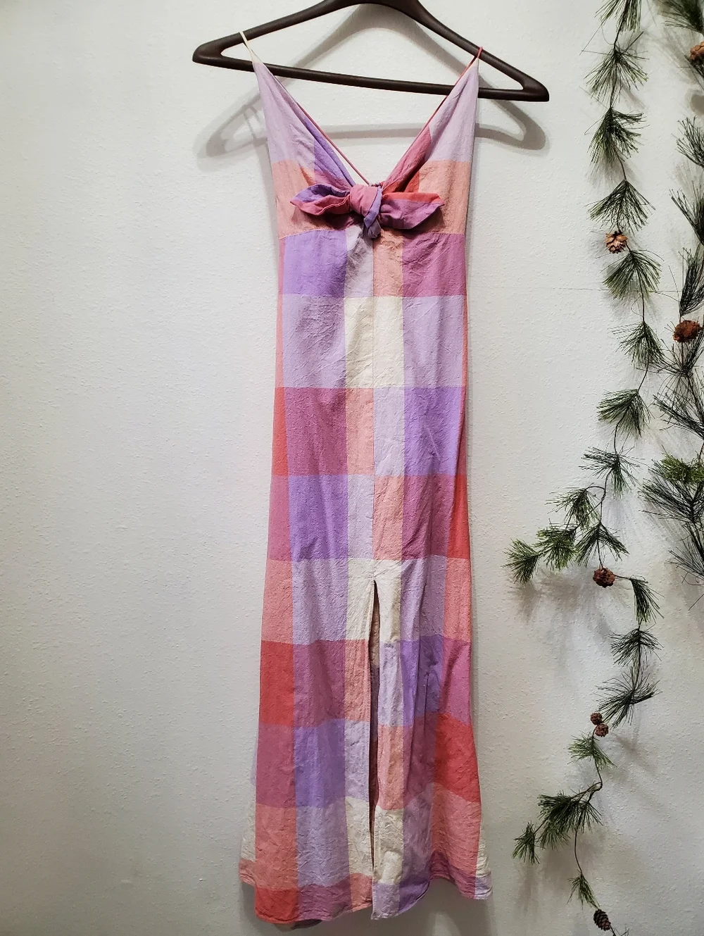 Dress Forum LA Ally Plaid Maxi Dress Lavender Coral Tie-back Front Slit Lined - Picture 1 of 16